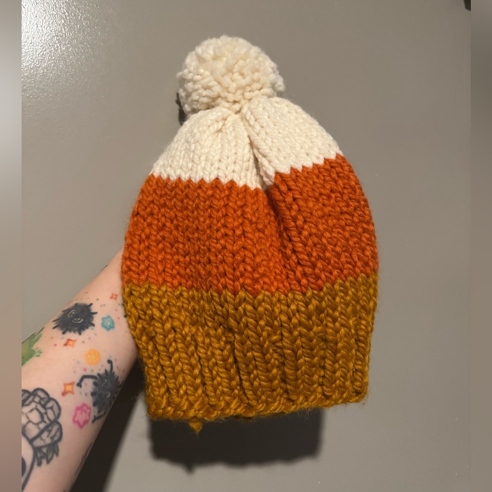 Like New Cozy Hand Knit Beanie - Cream, Orange, and Gold